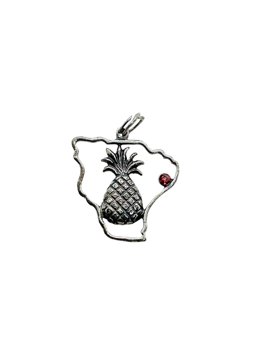 Silver Pineapple Outline Charm/ Small Pendant with Red Accent Gem Hospitality